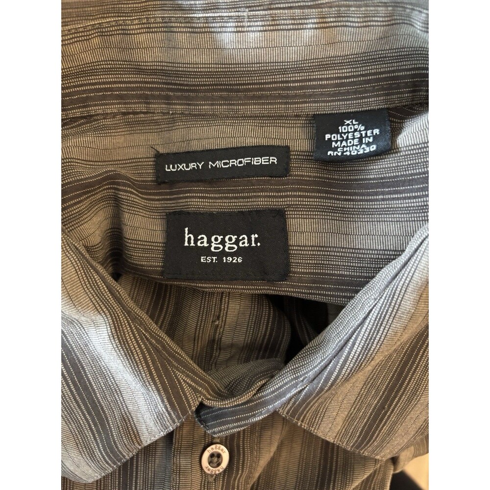 Haggar Mens Long Sleeve Button Down Black & Gray Stripe Shirt Sz XL Microfiber - Picture 6 of 7